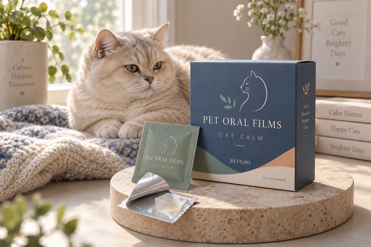 Cat calming oral film packaging concept with a British shorthair