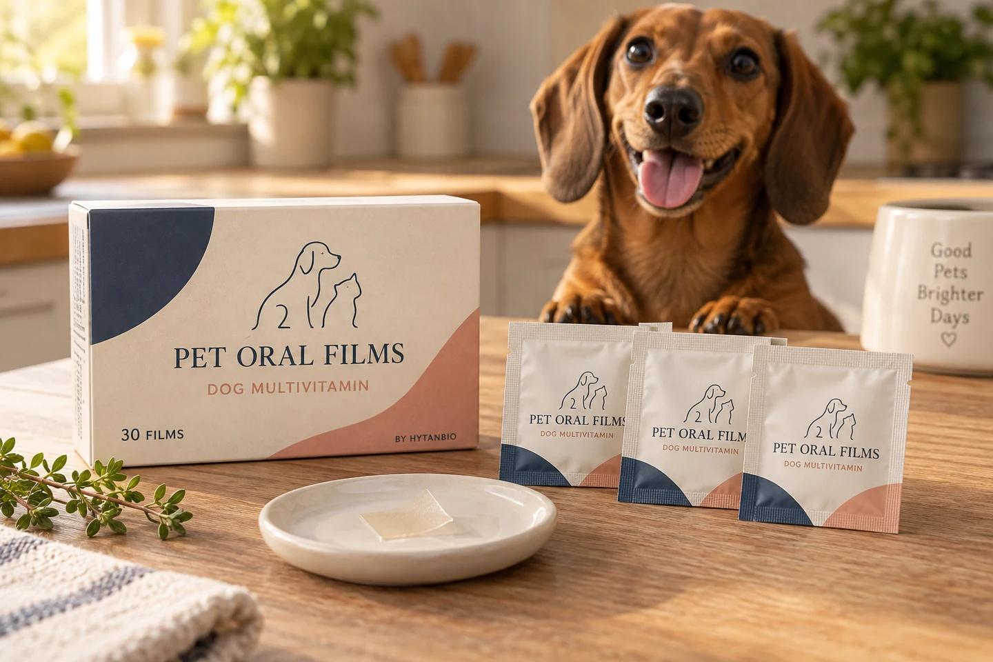 Dog multivitamin oral film packaging concept with a dachshund