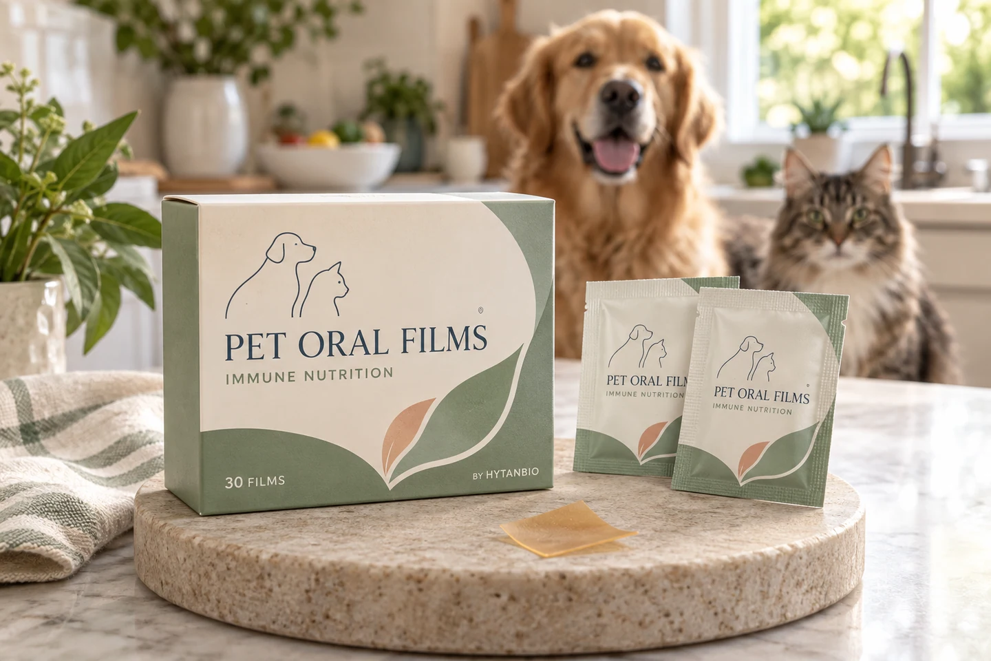 Individual pet oral films, protective sachets and a custom retail carton