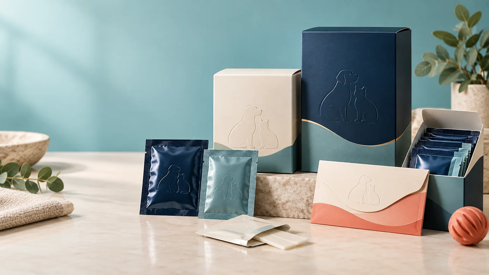 Pet oral strips in individual sachets, inner pouches and custom cartons